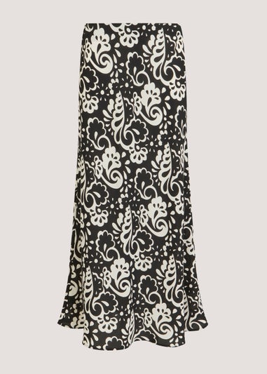 Black Floral Flared Midi Skirt