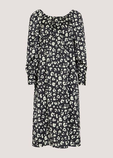 Monochrome Animal Print Satin Bubble Midi Dress