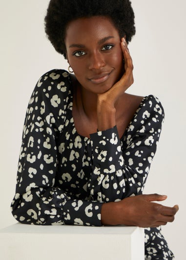 Monochrome Animal Print Satin Bubble Midi Dress