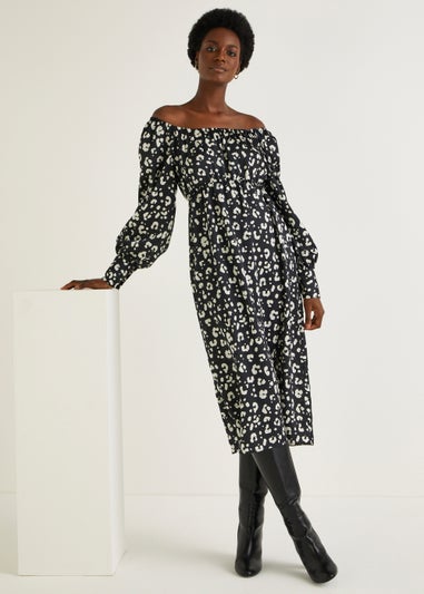 Monochrome Animal Print Satin Bubble Midi Dress
