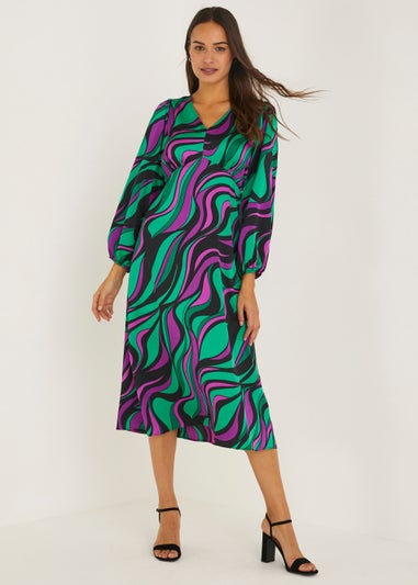 Purple & Green Satin Swirl Bubble Midi Dress