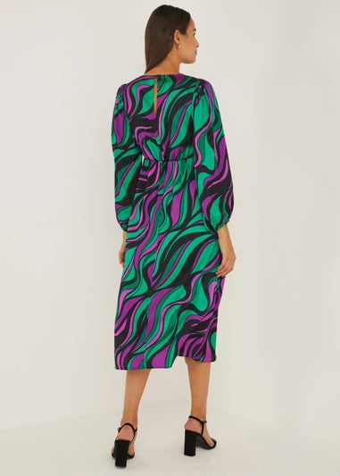 Purple & Green Satin Swirl Bubble Midi Dress