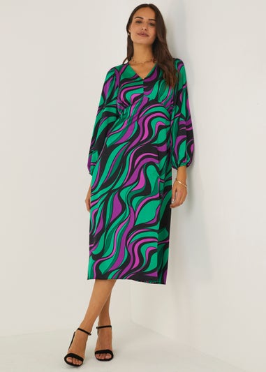 Purple & Green Satin Swirl Bubble Midi Dress