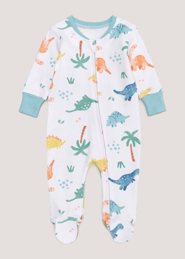 Baby White Dinosaur Zip Up Sleepsuit (Newborn-18mths)
