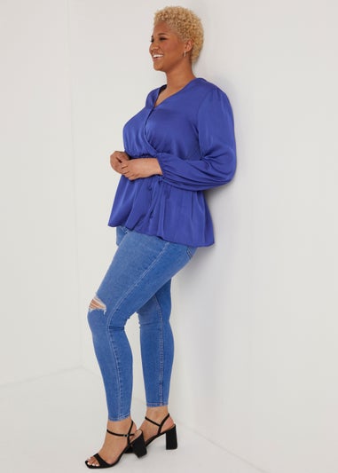 Papaya Curve Blue Wrap Satin Blouse