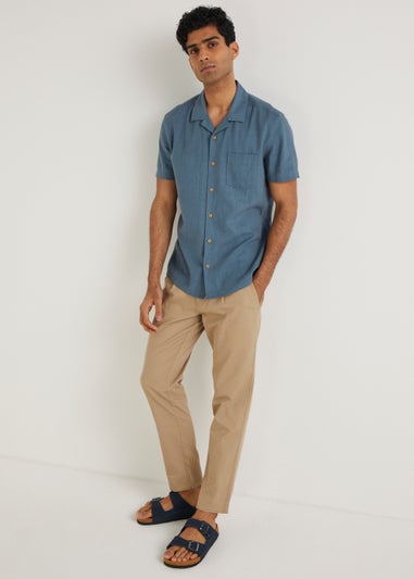 Blue Linen Blend Short Sleeve Shirt