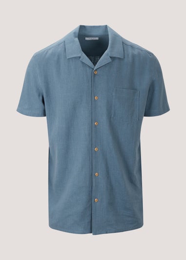 Blue Linen Blend Short Sleeve Shirt