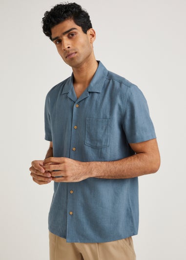 Blue Linen Blend Short Sleeve Shirt