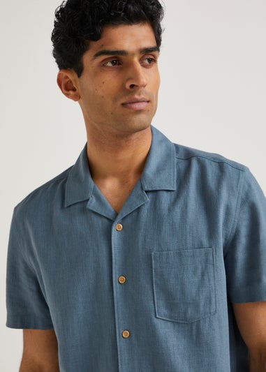 Blue Linen Blend Short Sleeve Shirt