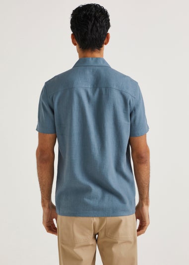 Blue Linen Blend Short Sleeve Shirt