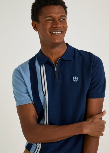 Navy & Blue Stripe Quarter Zip Polo Shirt