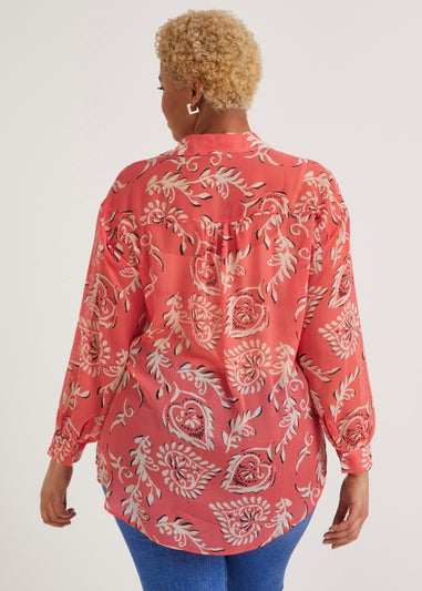 Papaya Curve Coral Print Button Up Chiffon Blouse