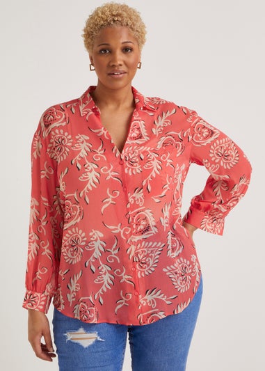 Papaya Curve Coral Print Button Up Chiffon Blouse