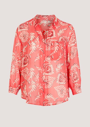 Papaya Curve Coral Print Button Up Chiffon Blouse