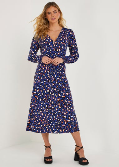 Be Beau Blue Animal Print Midi Wrap Dress