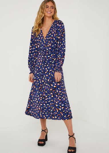 Be Beau Blue Animal Print Midi Wrap Dress