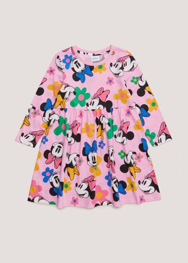 Girls Pink Disney Minnie Mouse Long Sleeve Jersey Dress (12mths-7yrs)