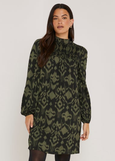 Khaki Shirred High Neck Mini Dress