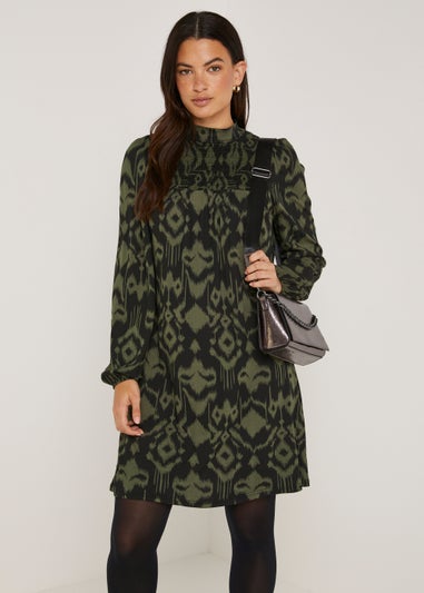 Khaki Shirred High Neck Mini Dress