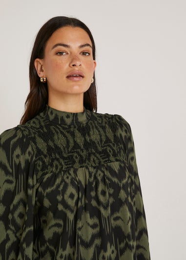 Khaki Shirred High Neck Mini Dress