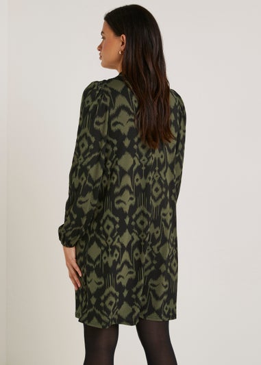 Khaki Shirred High Neck Mini Dress