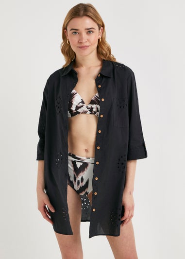 Black Broderie Beach Shirt