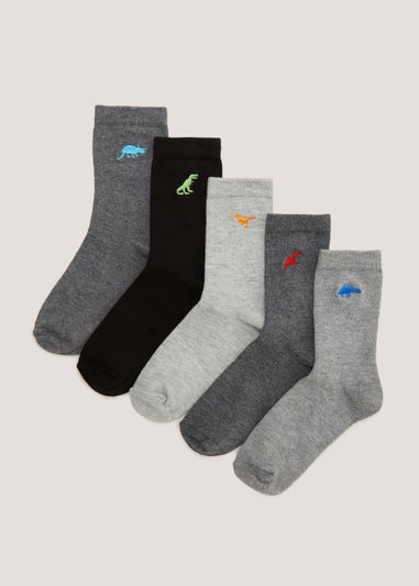 Kids 5 Pack Grey & Black Embroidered Socks (Younger 6-Older 6.5)