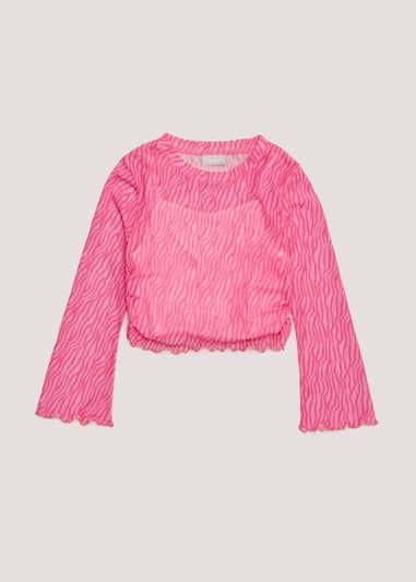 Girls Pink Zebra Long Sleeve Mesh Top (4-13yrs)