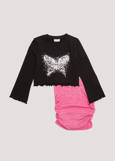 Girls Black Butterfly Top & Pink Space Dye Skirt Set (4-13yrs)