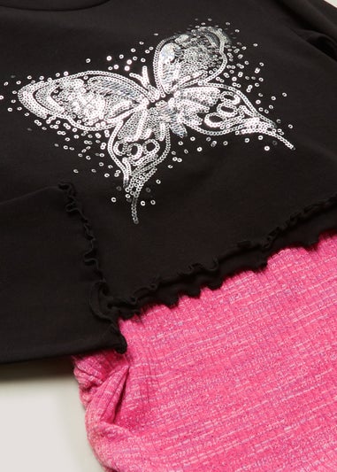 Girls Black Butterfly Top & Pink Space Dye Skirt Set (4-13yrs)