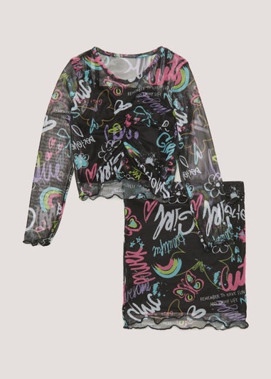Girls Multicoloured Graffiti Ruched Mesh Top & Skirt Set (4-13yrs)