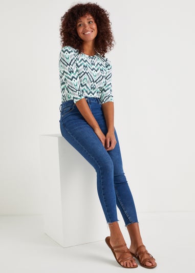 Blue Aztec Print 3/4 Sleeve T-Shirt