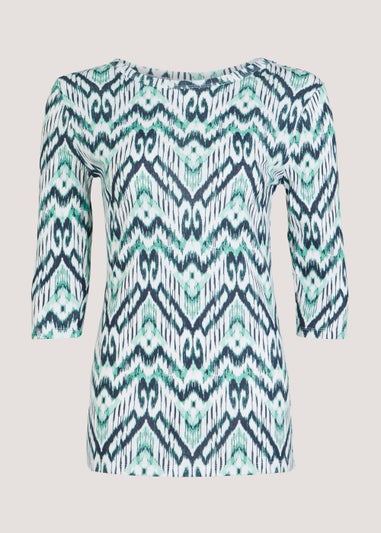 Blue Aztec Print 3/4 Sleeve T-Shirt