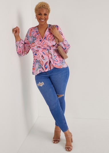 Papaya Curve Pink Print Wrap Top