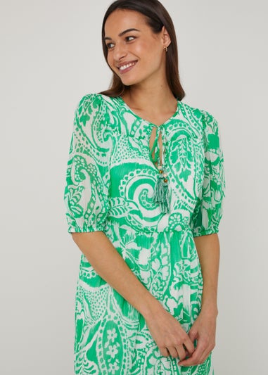 Green Paisley Chiffon Midi Dress