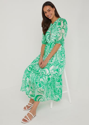 Green Paisley Chiffon Midi Dress