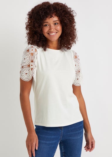 Cream Lace Sleeve T-Shirt