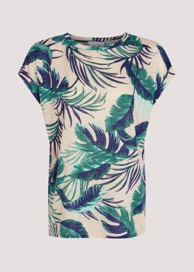 Beige Leaf Print Linen Blend T-Shirt