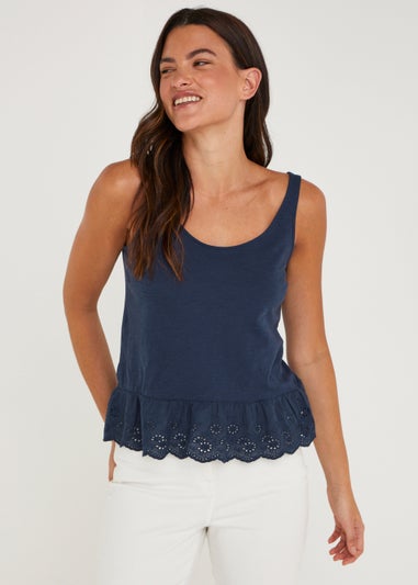 Navy Schiffley Hem Vest Top