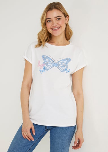 White Butterfly Slogan T-Shirt