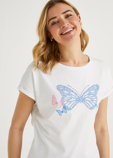 White Butterfly Slogan T-Shirt