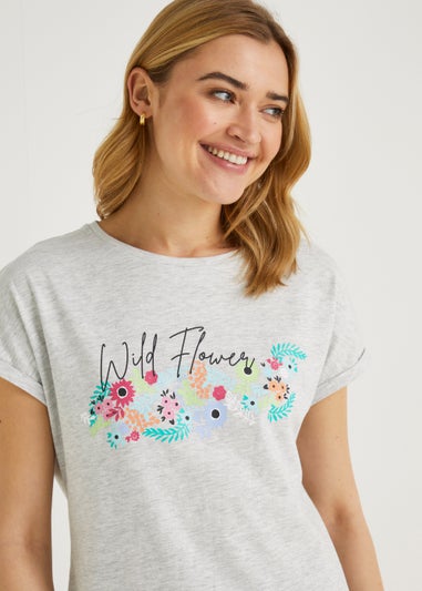 Grey Wild Flower Slogan T-Shirt