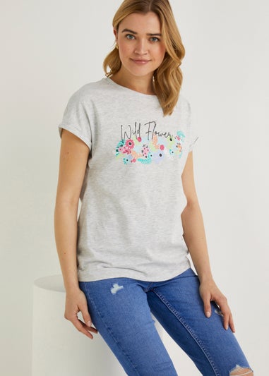 Grey Wild Flower Slogan T-Shirt