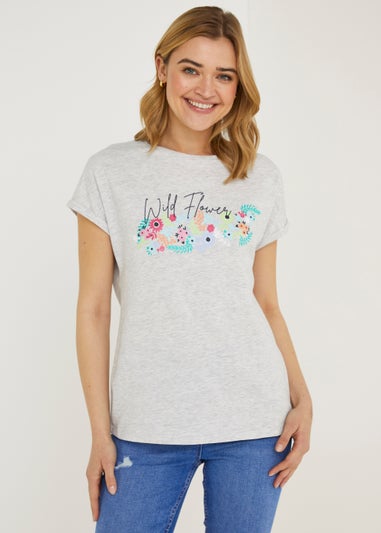 Grey Wild Flower Slogan T-Shirt