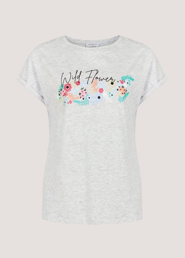 Grey Wild Flower Slogan T-Shirt