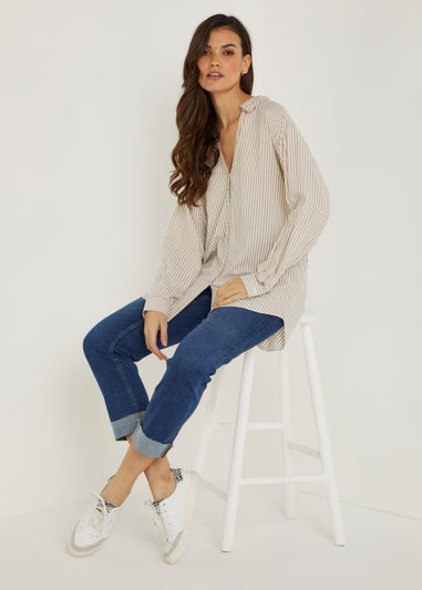Beige Longline Stripe Shirt