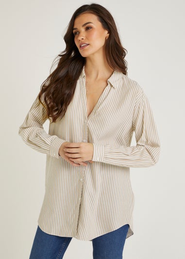 Beige Longline Stripe Shirt