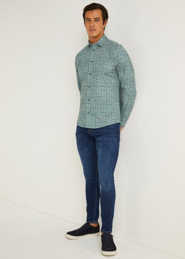 T&W Teal Print Stretch Shirt