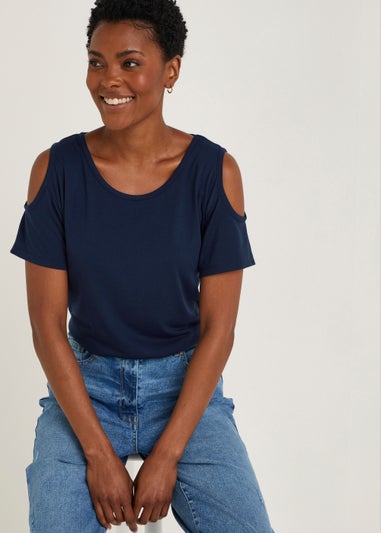 Navy Longline Cold Shoulder T-Shirt