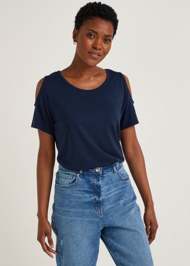 Navy Longline Cold Shoulder T-Shirt